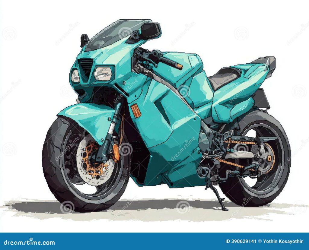 teal pixel art sports motorcycle illustration pixel art illustration teal sports bike against white background 390629141